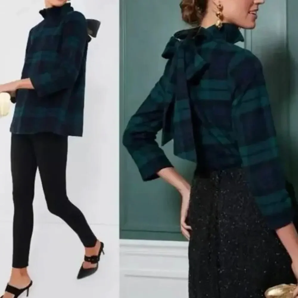 Tuckernuck Blackwatch Plaid Faye Blouse Plaid Wool Ruffle Bow Back Preppy SZ M - Picture 2 of 16